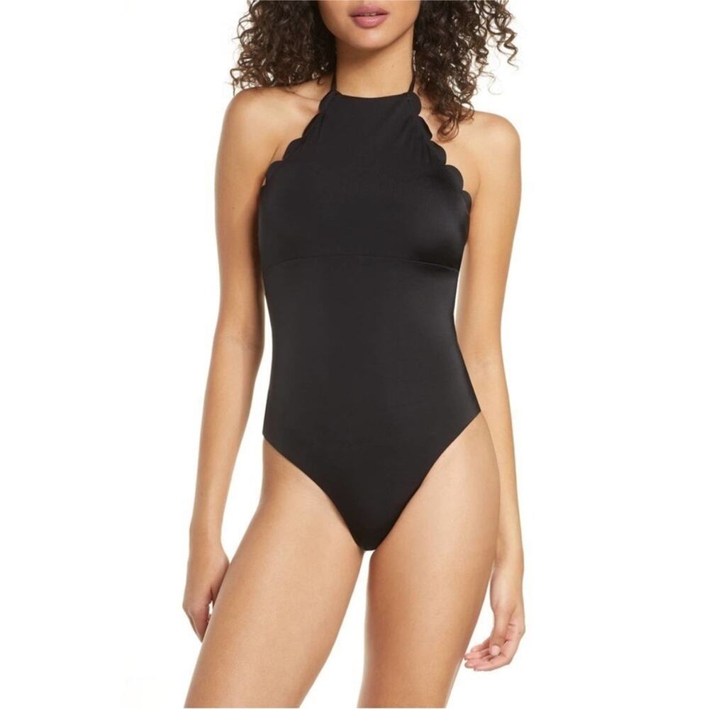 Chelsea28 Black Scalloped One-Piece Swimsuit Nwot